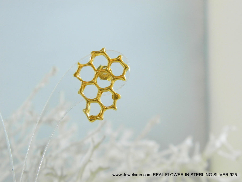 Gold Honeycomb Earrings - Delicate Vein Detail, Gold-Plated Brass