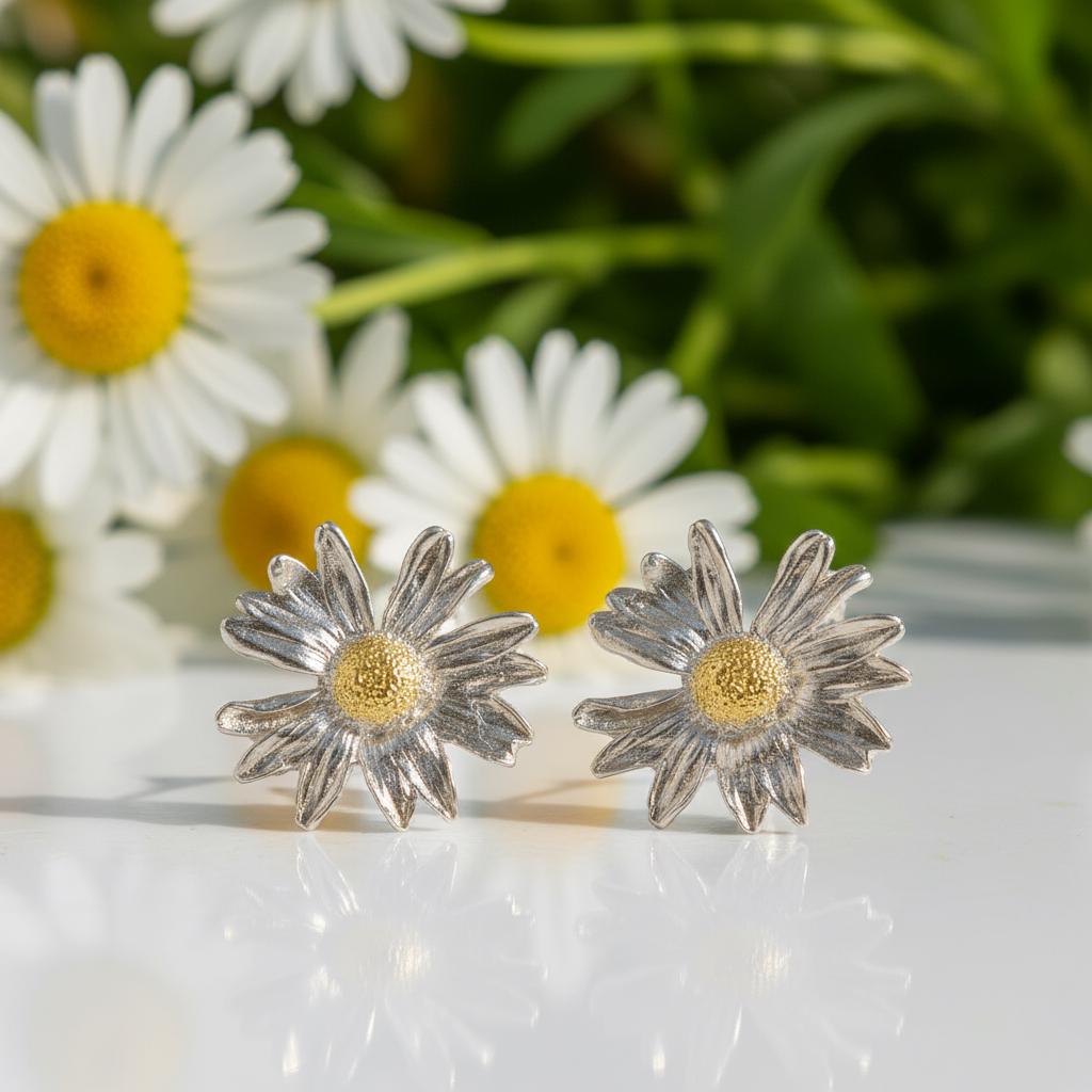 Daisy Flower Earrings, Gold-Plated Sterling Silver Jewelry, Handmade Jewelry, Gift for Her, Jewelry for Women