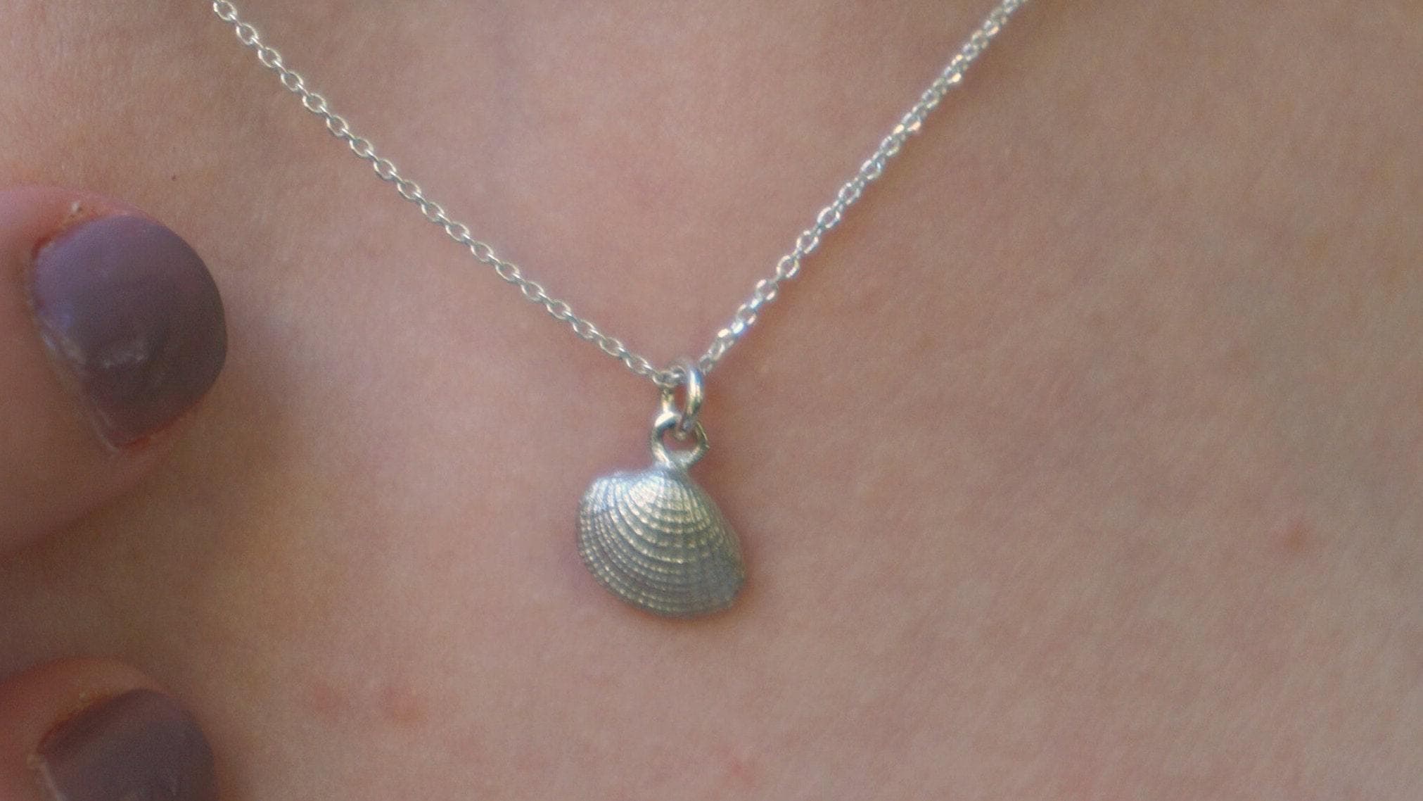 A silver necklace with a small seashell pendant is shown in the image.