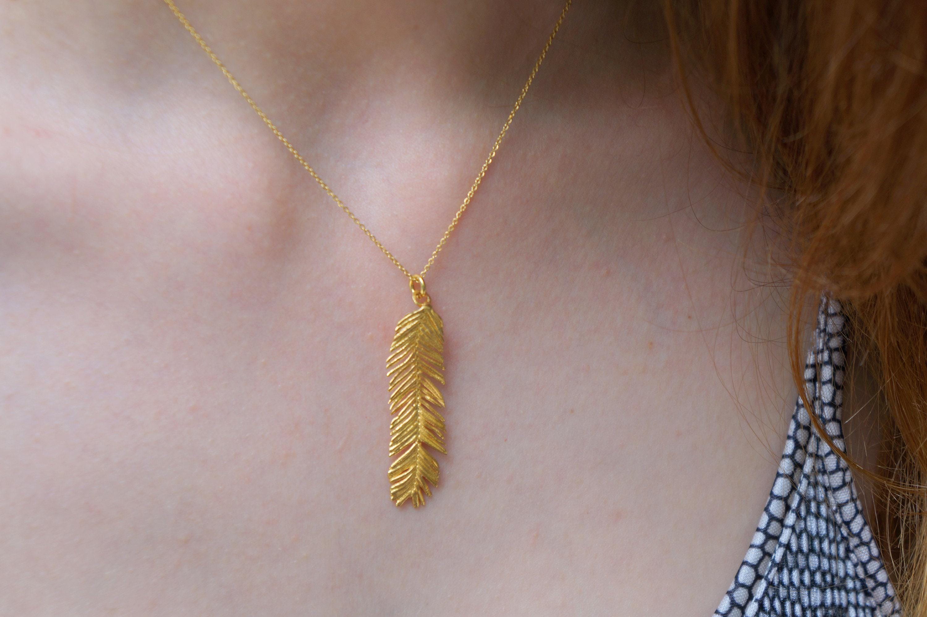 Mimosa Leaf Necklace – Dainty Gold Pendant Botanical Jewelry, Handmade Silver