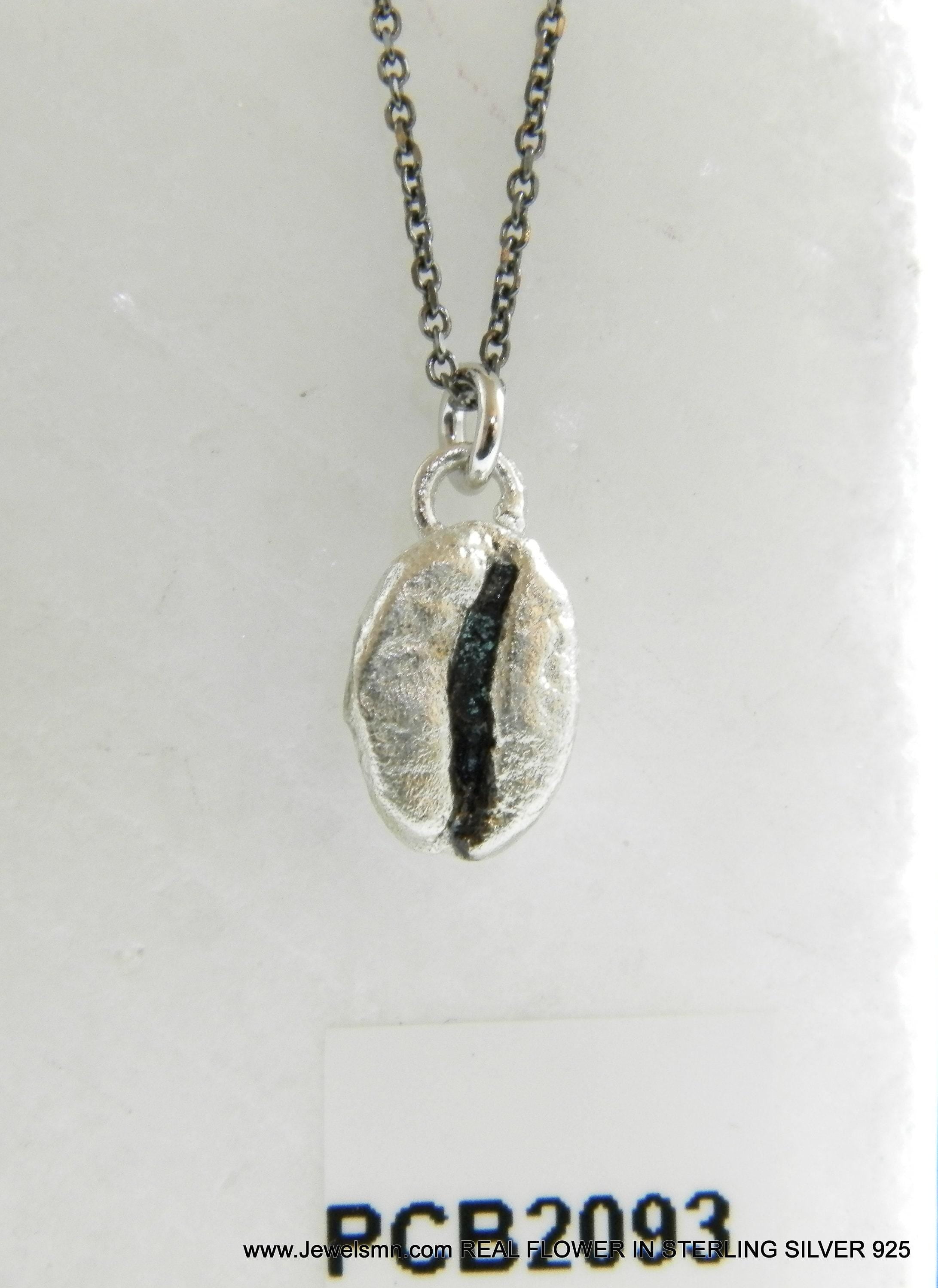 A silver necklace with a pendant in the shape of a coffee bean.