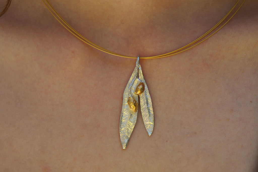 Olive Leaf Necklace – Sterling Silver Necklace with Gold Olive Pendant, Adjustable Chain