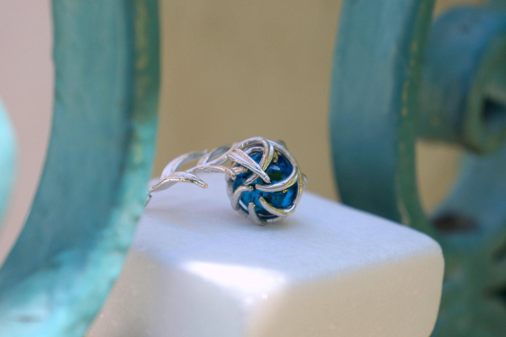 Sterling Silver Necklace – Pressed Flower Botanical Leaf Pendant With Murano Glass