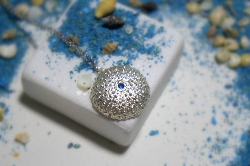 Sea Urchin Necklace - Sterling Silver Recycled Jewelry With Blue Zircon Pendant