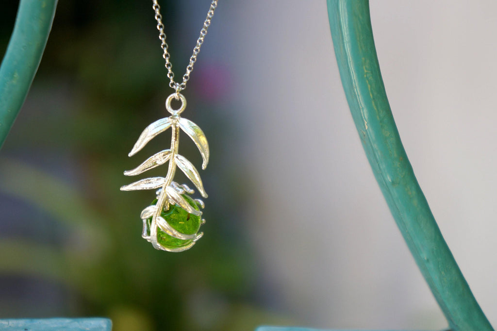 Sterling Silver Necklace – Pressed Flower Botanical Leaf Pendant With Murano Glass