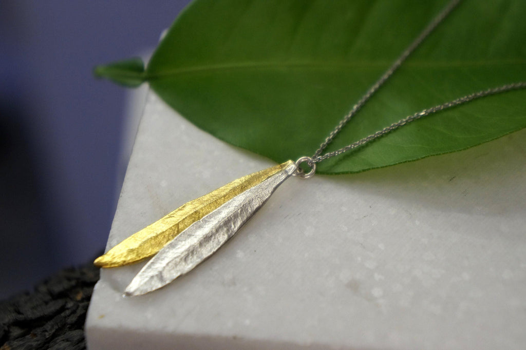 Two Tone Necklace - Pressed Flower Olive Leaf Jewelry | Handmade Silver Pendant