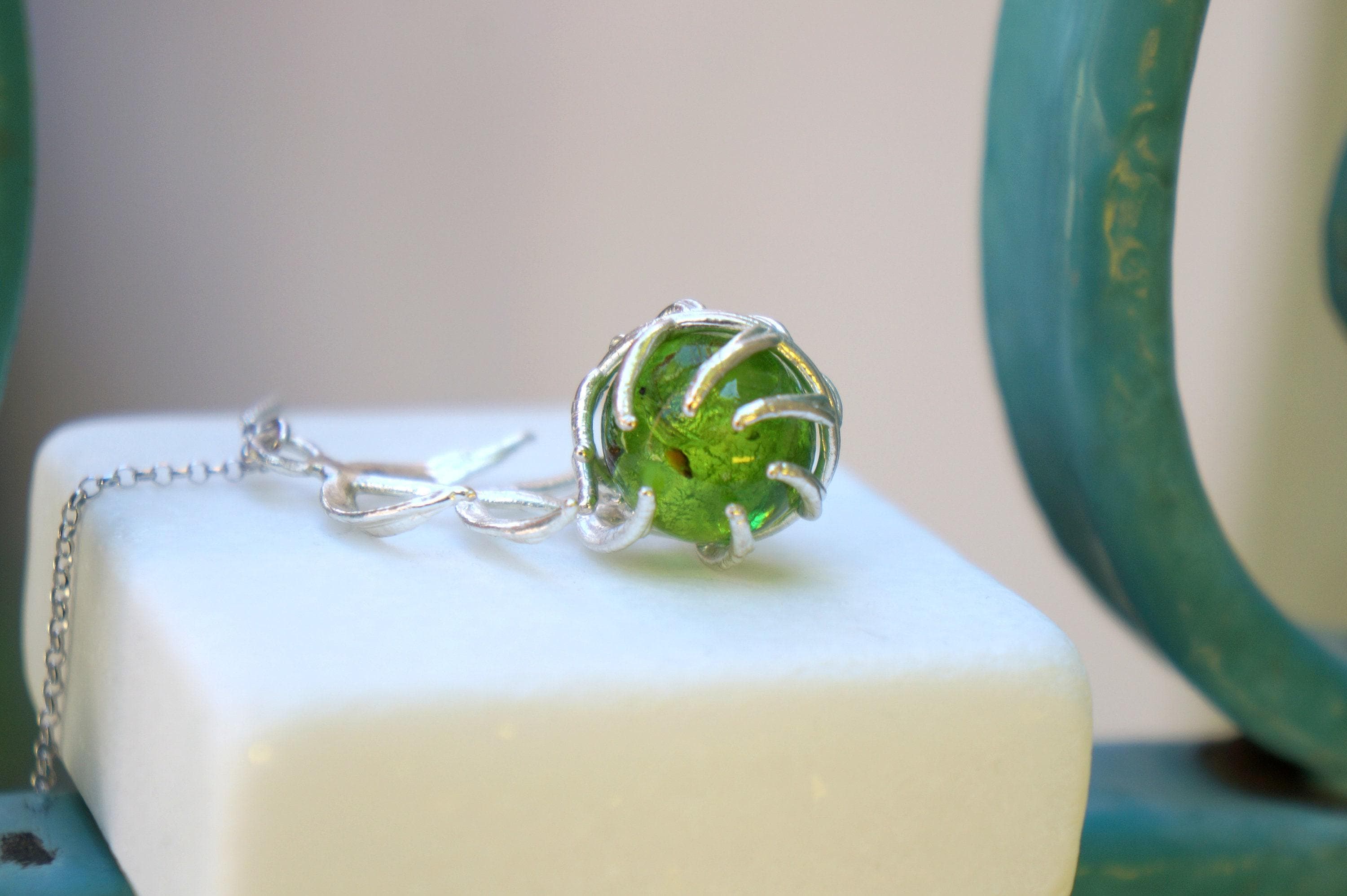 Sterling Silver Necklace – Pressed Flower Botanical Leaf Pendant With Murano Glass
