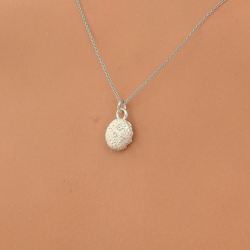 A silver necklace with a round pendant is shown against a peach-colored background.