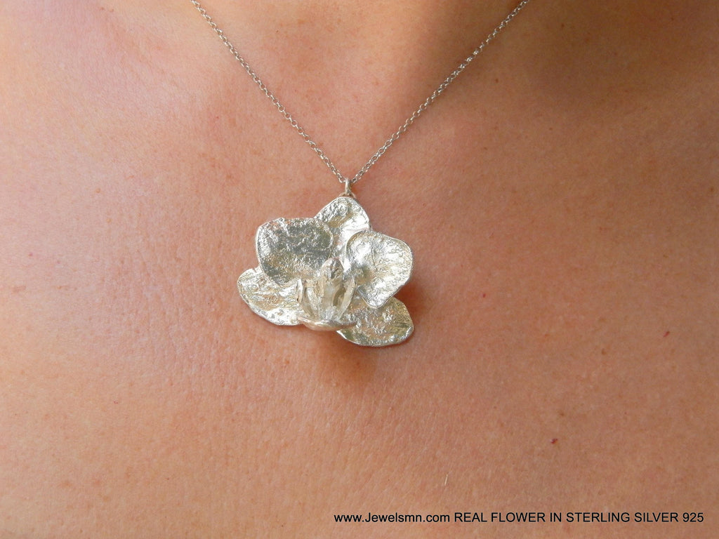 Sterling Silver Orchid Necklace, Organic Floral Pendant (Recycled Metal)