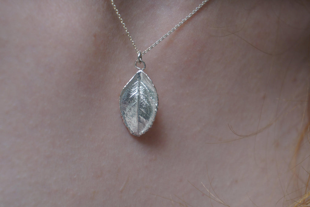 Nature-Inspired Rose Leaf Necklace, Sterling Silver (Dainty Pendant)