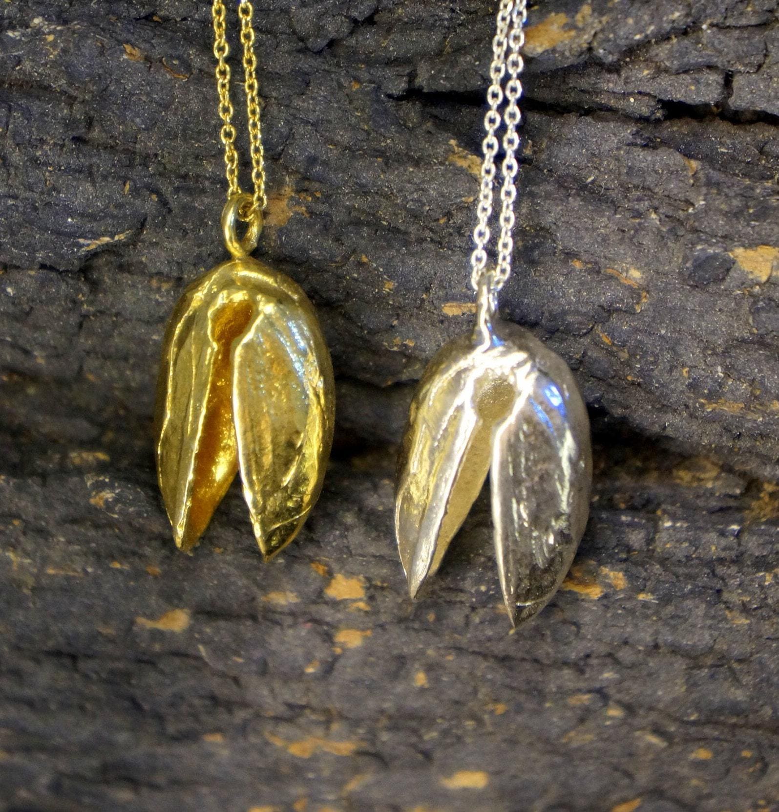 Nature-Inspired Pistachio Necklace, Sterling Silver Gold Plated (Handmade)