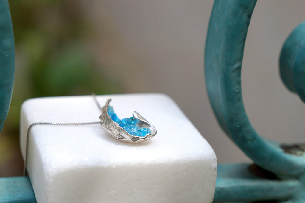 Silver Shell Necklace - Real Sea Shell Pendant with Blue Murano Glass | Handmade Organic Summer Jewelry