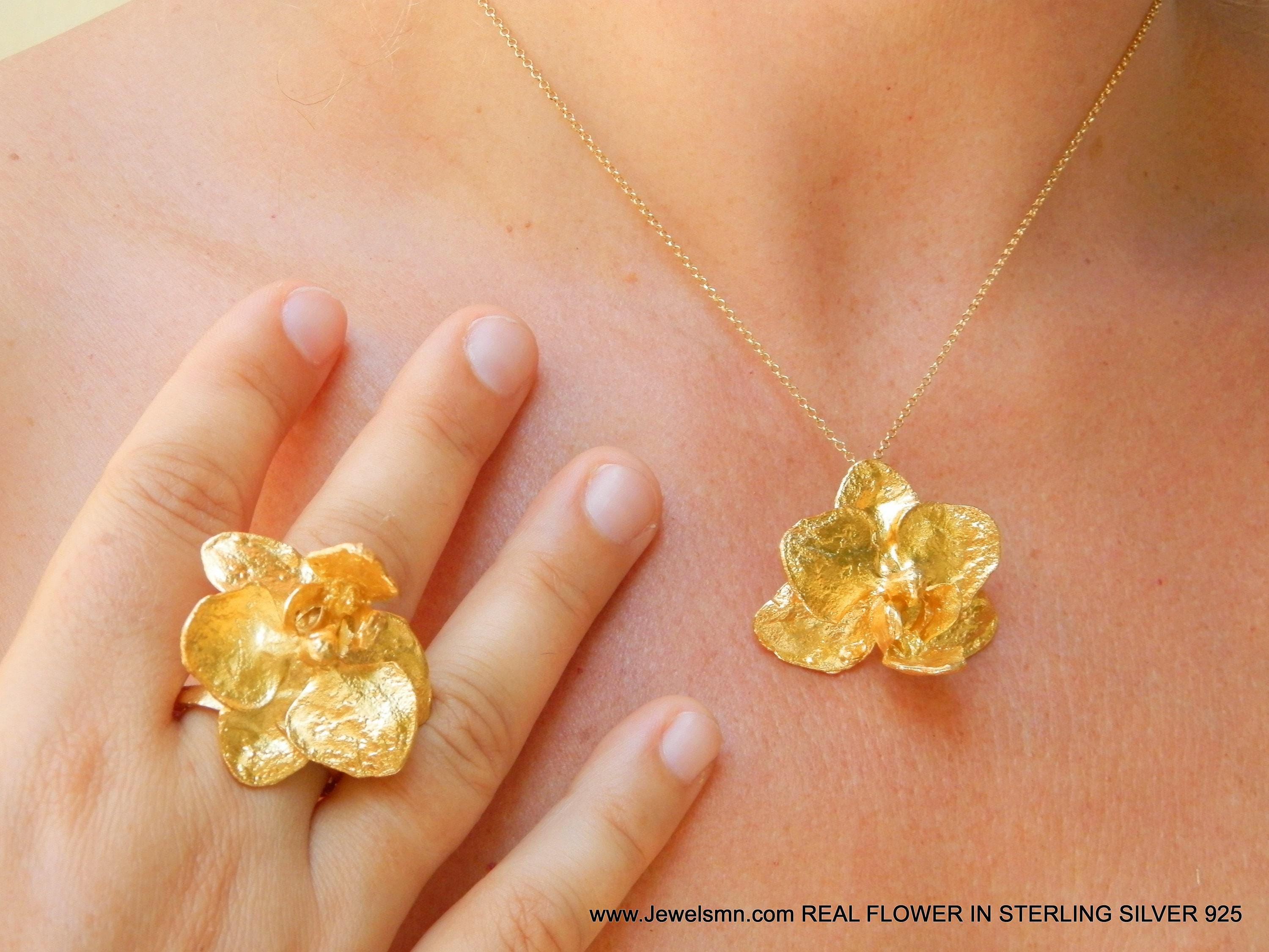 Gold Orchid Flower Necklace, Gold-Plated Sterling Silver Pendant, Gift for Her, Birthday Gift for Women, Handmade Jewelry, Boho Fashion