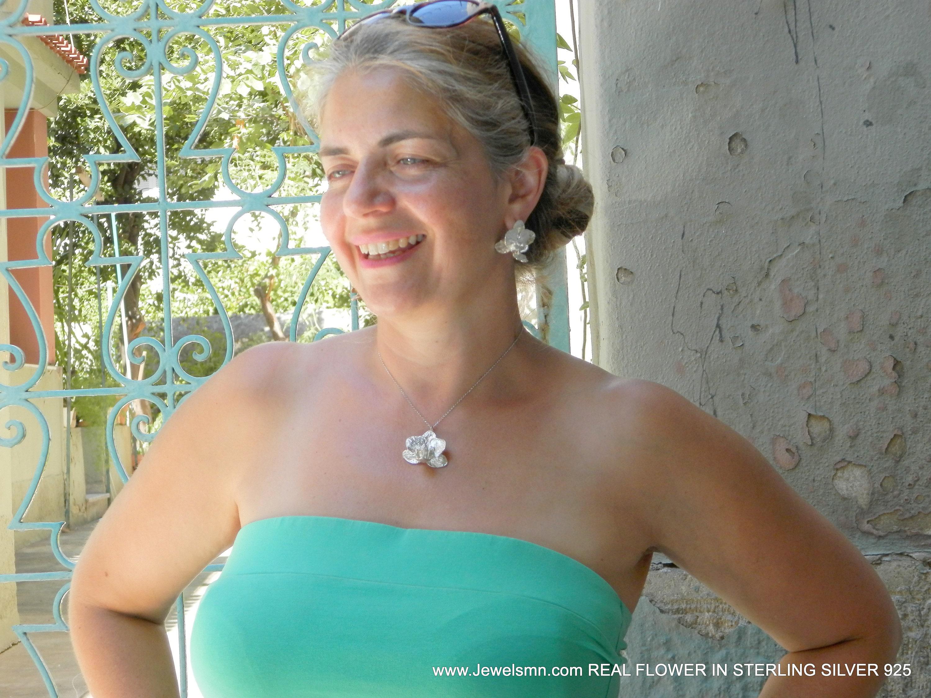 Sterling Silver Orchid Necklace, Organic Floral Pendant (Recycled Metal)