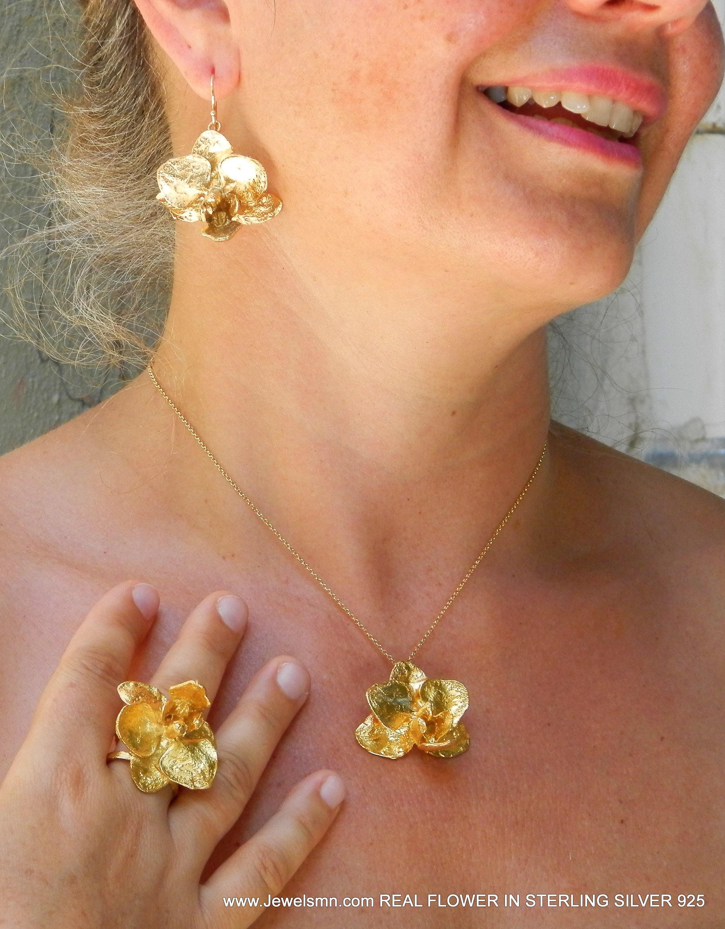 Gold Orchid Flower Necklace, Gold-Plated Sterling Silver Pendant, Gift for Her, Birthday Gift for Women, Handmade Jewelry, Boho Fashion