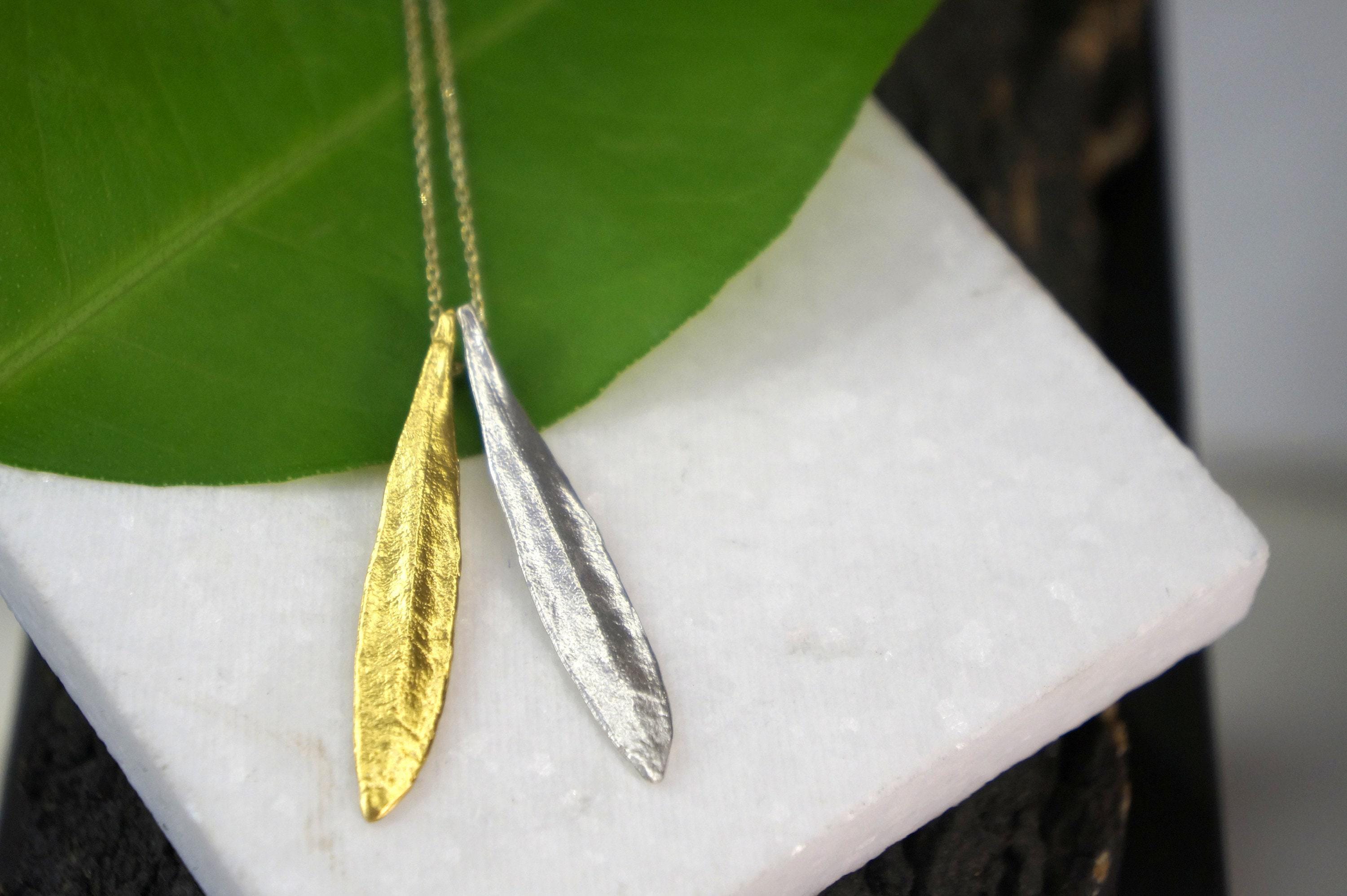 Olive Leaf Pendant – Sterling Silver Necklace With 14K Gold Plated Chain