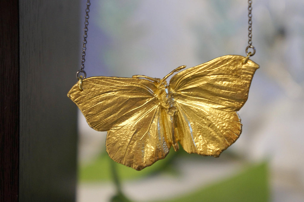 Butterfly Necklace – Gold Plated Sterling Silver Pendant on Black Rhodium Chain