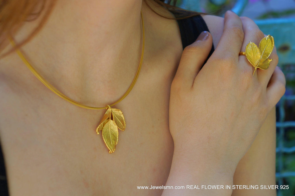 Rose Leaf Pendant Necklace: Nature Inspired Jewelry (Gold Plated)
