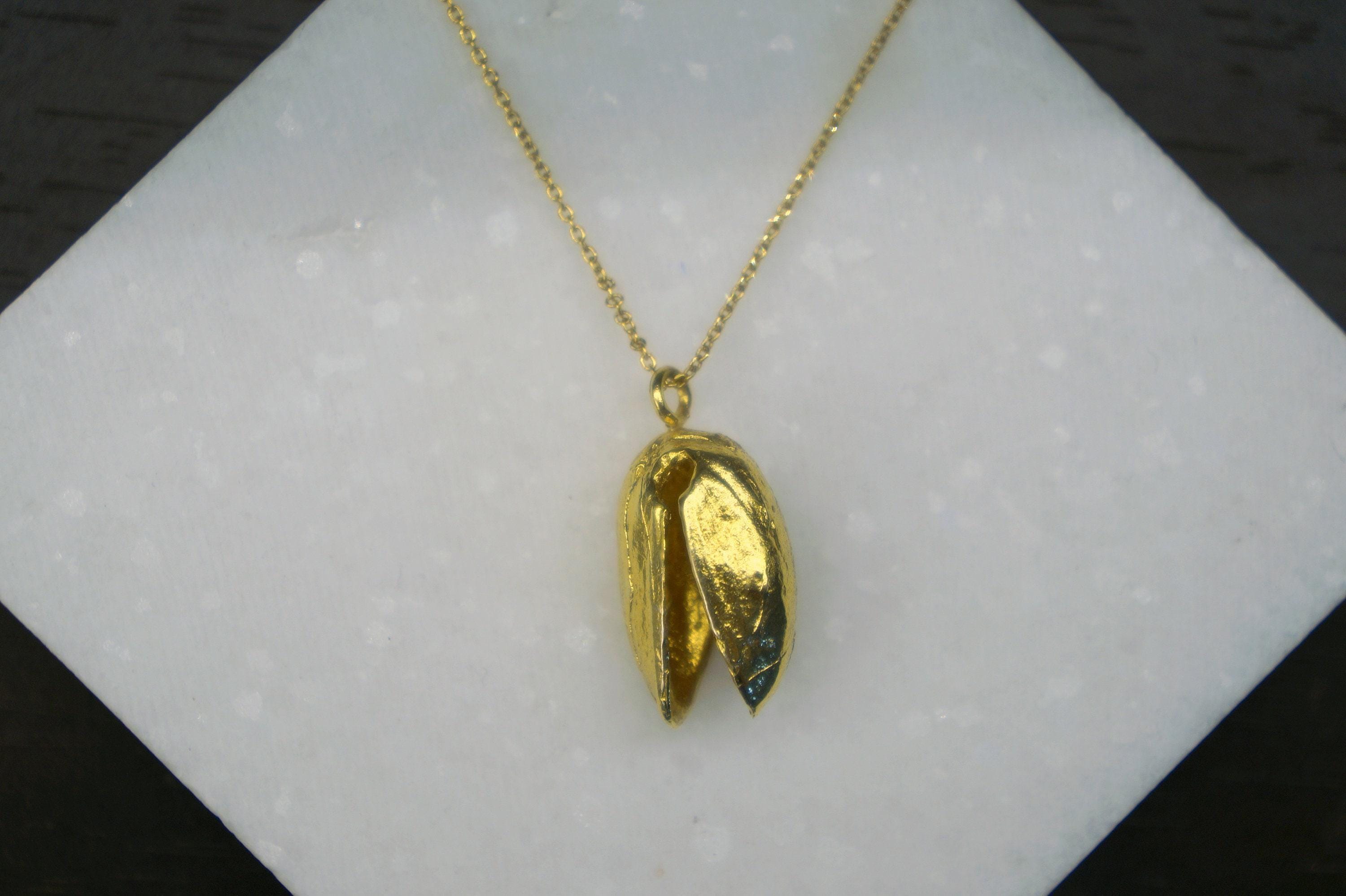 Nature-Inspired Pistachio Necklace, Sterling Silver Gold Plated (Handmade)