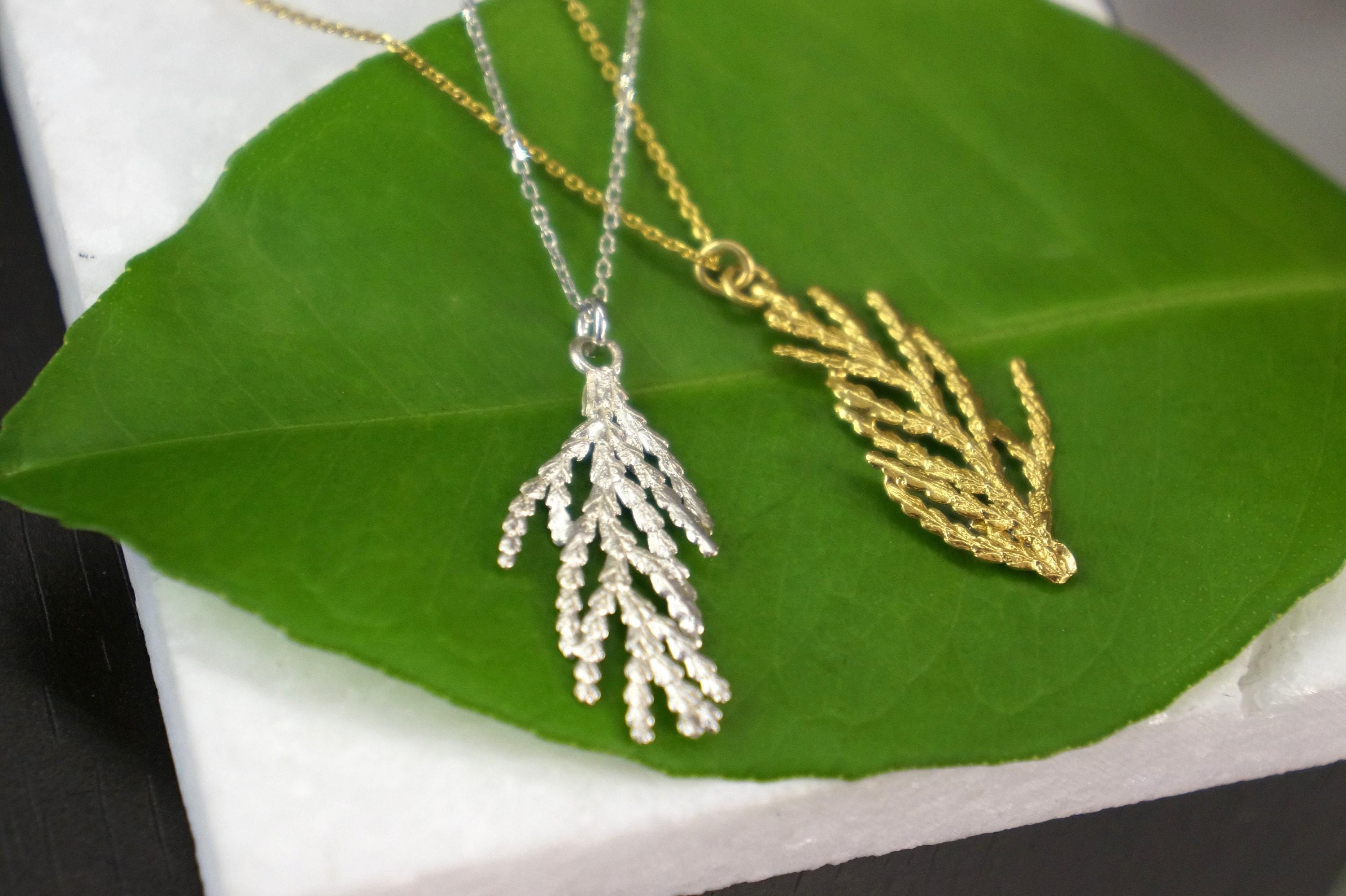 Real Christmas Tree Necklace – Gold Plated Necklace with Cypress Leaf Pendant in Sterling Silver Jewelry