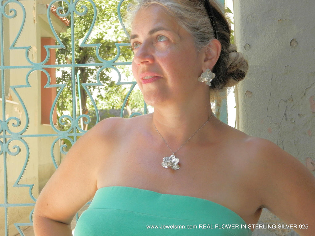 Sterling Silver Orchid Necklace, Organic Floral Pendant (Recycled Metal)