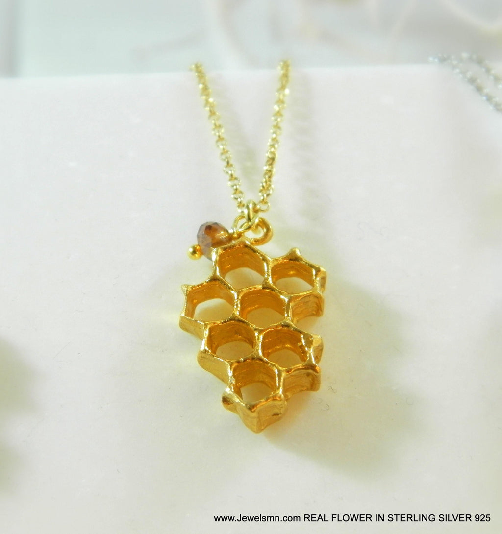 Honeycomb Bee Necklace - Sterling Silver with Gold Plated Option