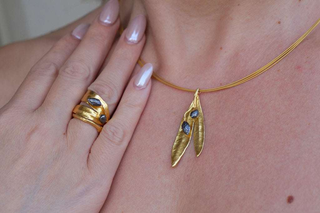 Olive Leaves Necklace – Gold Plated Sterling Silver, Pressed Flower Pendant, Eco Friendly Jewelry