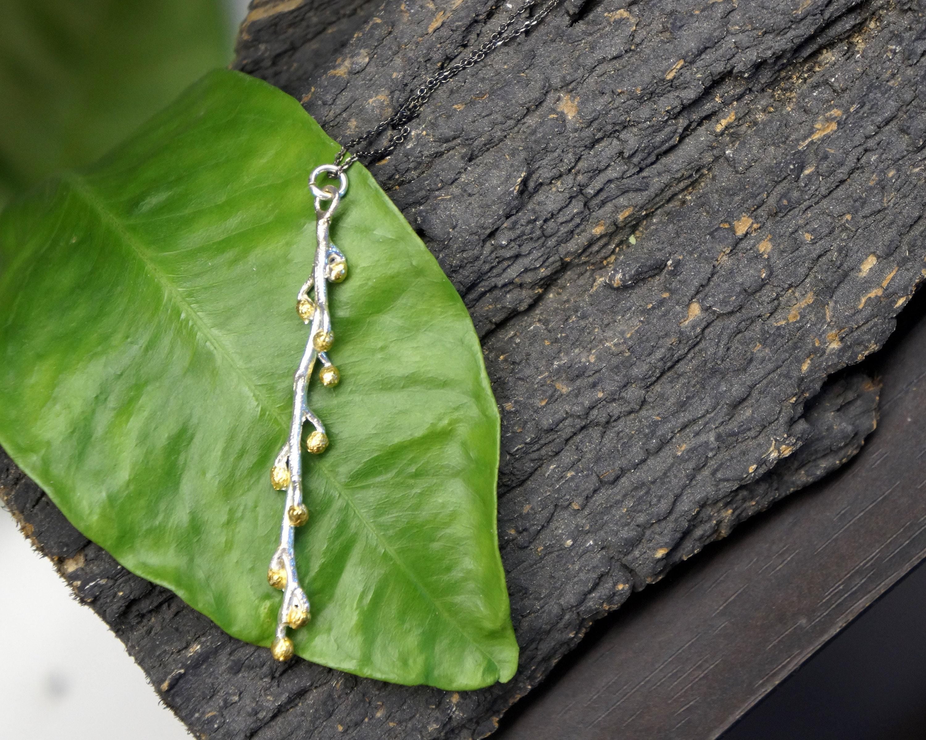 Nature-Inspired Gold Necklace, Mimosa Branch Pendant (Dainty, Sustainable)