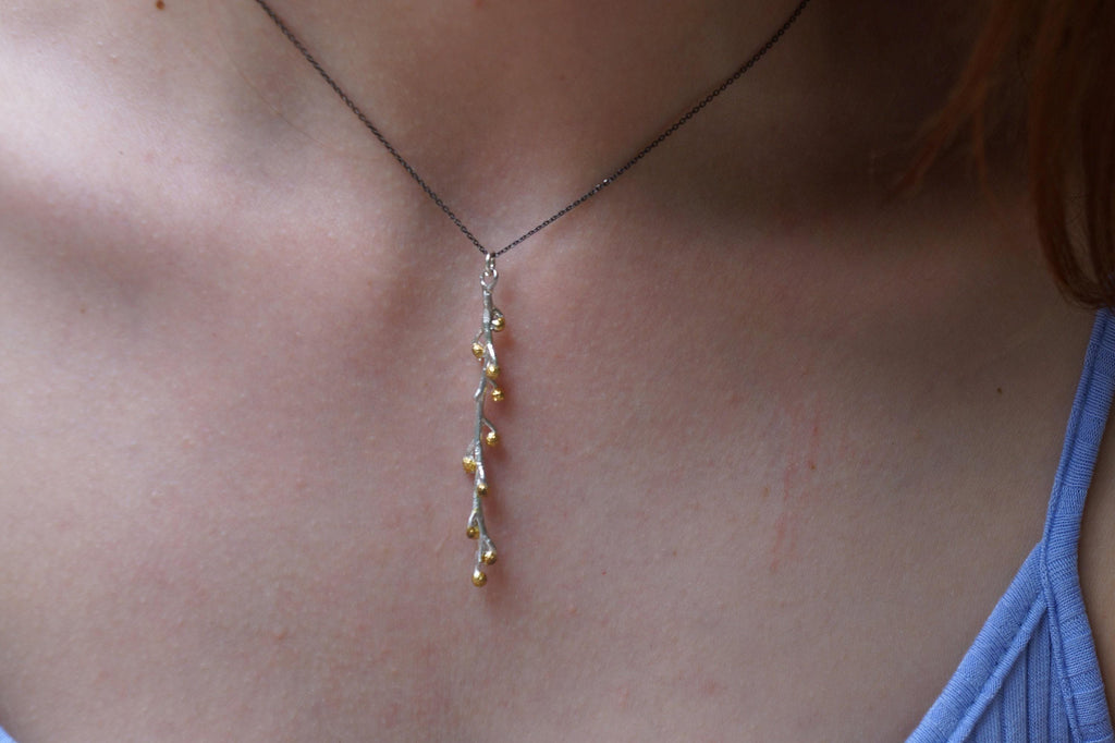 Nature-Inspired Gold Necklace, Mimosa Branch Pendant (Dainty, Sustainable)