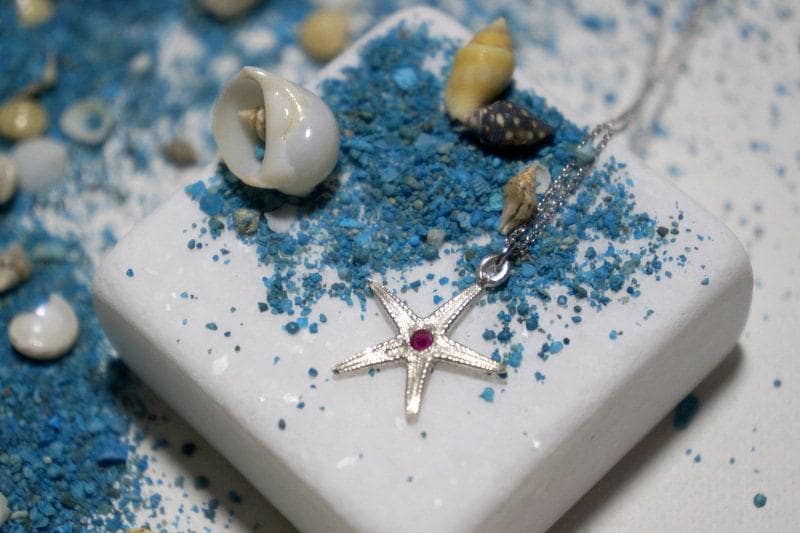 Silver Starfish Pendant - Recycled Sterling Silver 925 Beach Necklace With Zircon Stone
