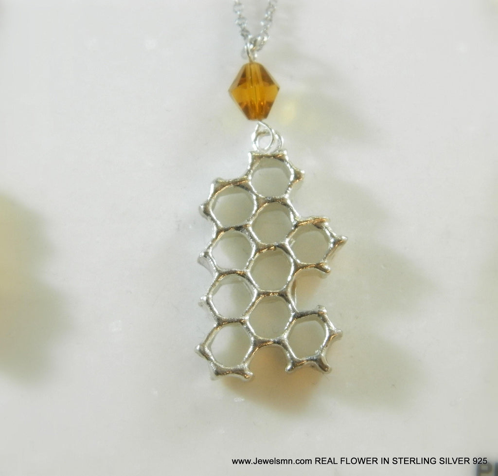 Honeycomb Bee Necklace - Sterling Silver with Gold Plated Option