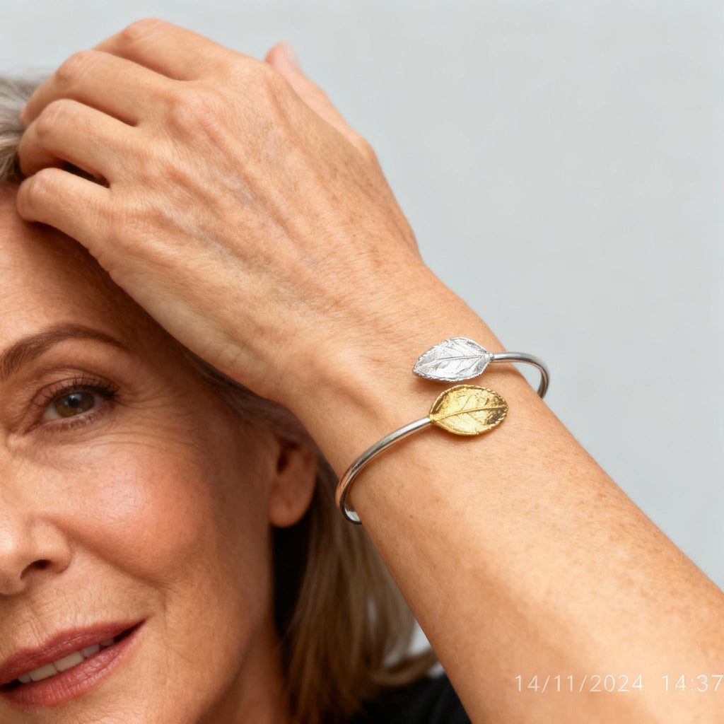 Rose Leaf Cuff Bracelet: Botanical Jewelry (Gold Plated, Adjustable)