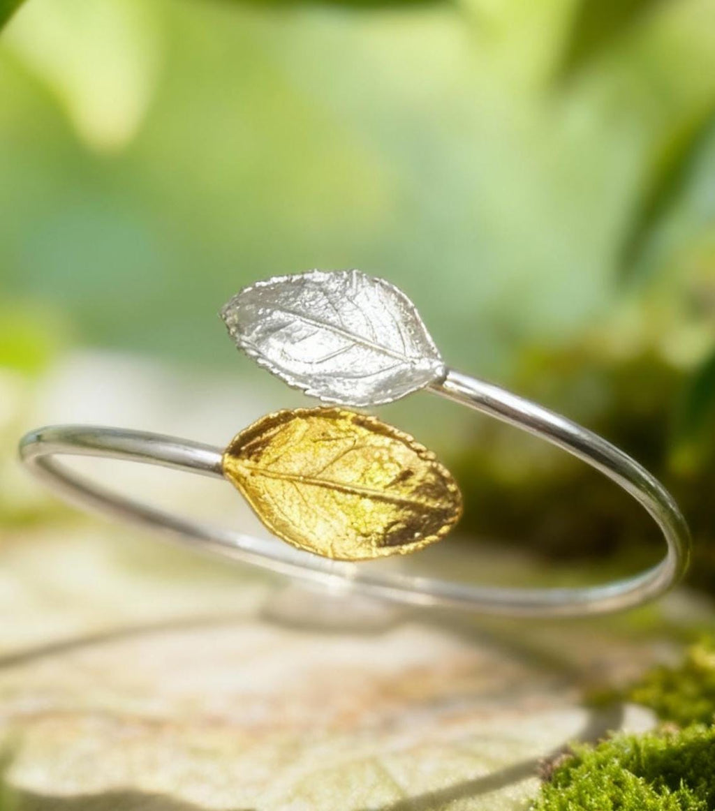 Rose Leaf Cuff Bracelet: Botanical Jewelry (Gold Plated, Adjustable)