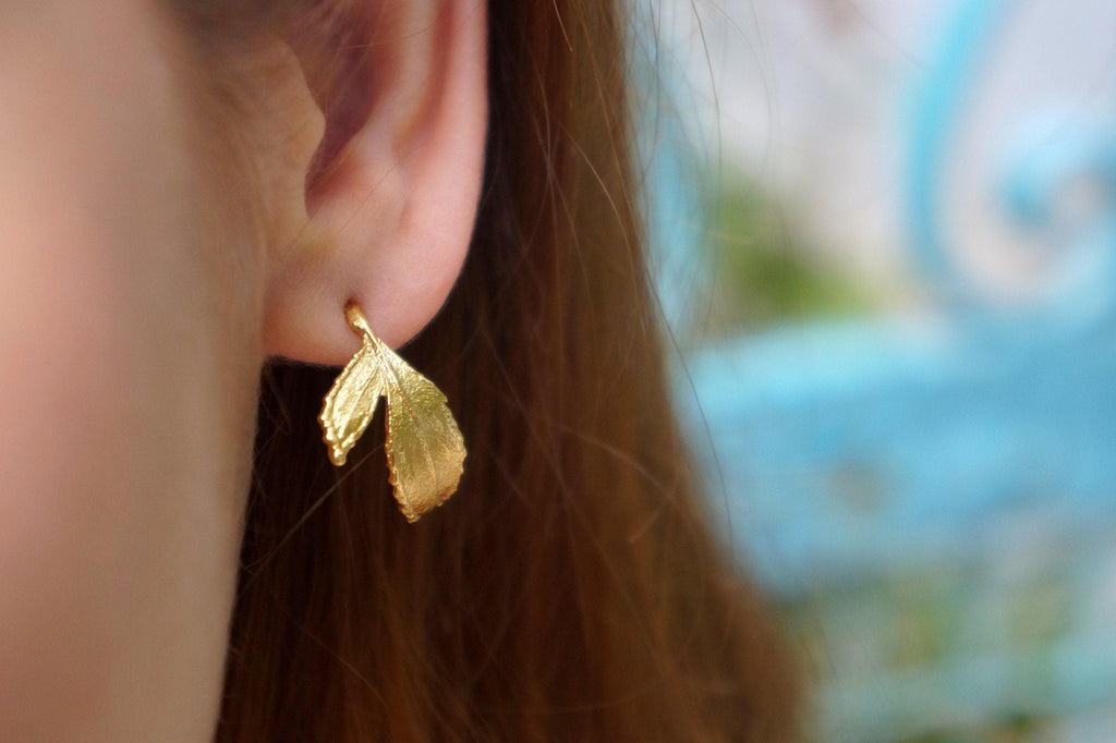 Gold Plated recycled Brass Rose Leaf Hoop Earrings - Delicate Vein Detail