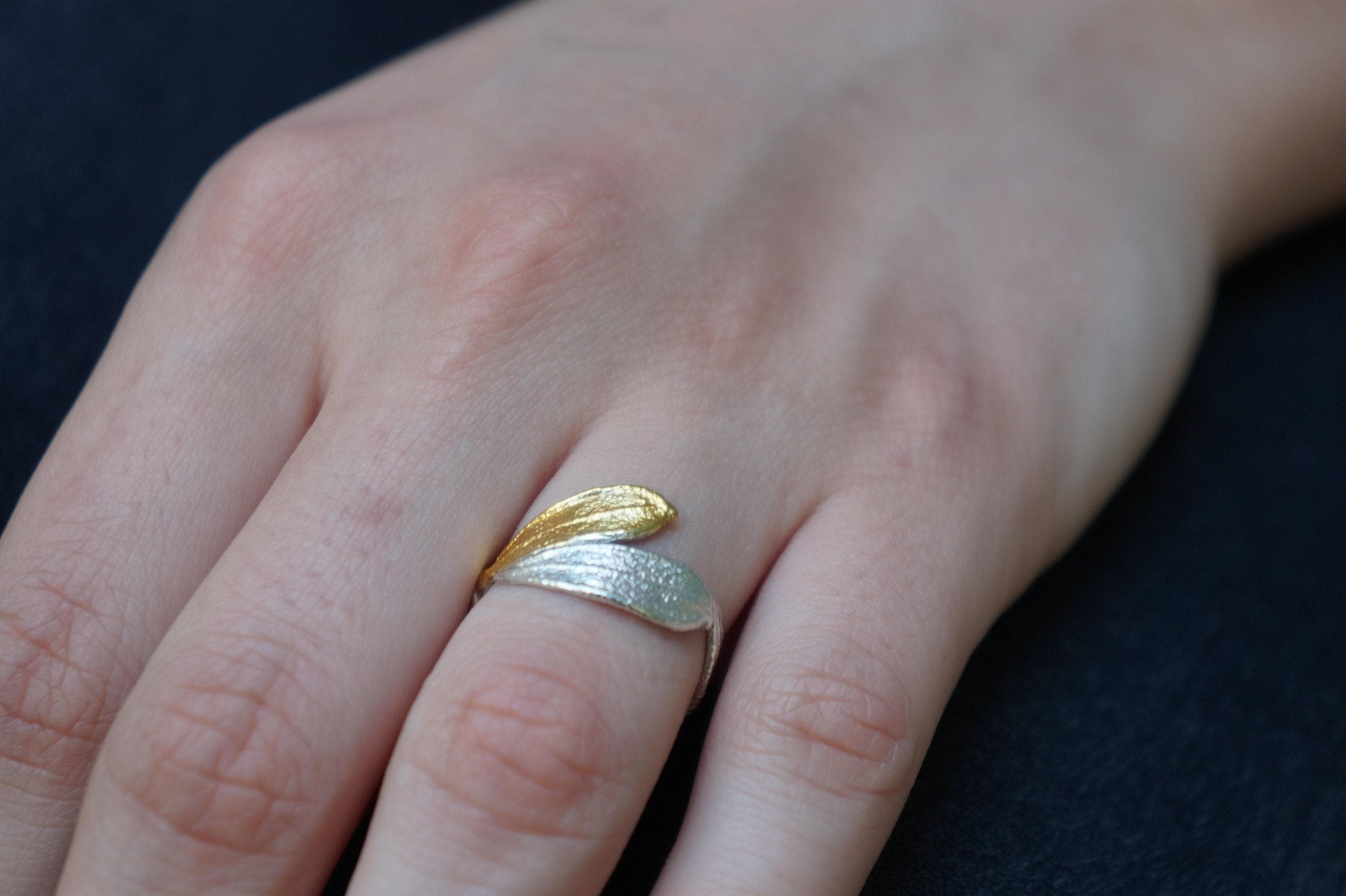 Sterling Silver Olive Leaf Ring - Two-Tone Finish, Handmade Detail