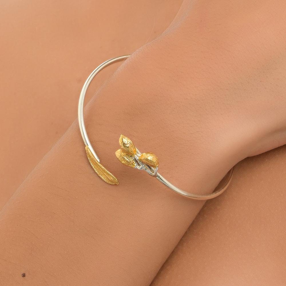 Eco-Friendly Olive Leaf Bracelet - Recycled Silver with Gold Accent