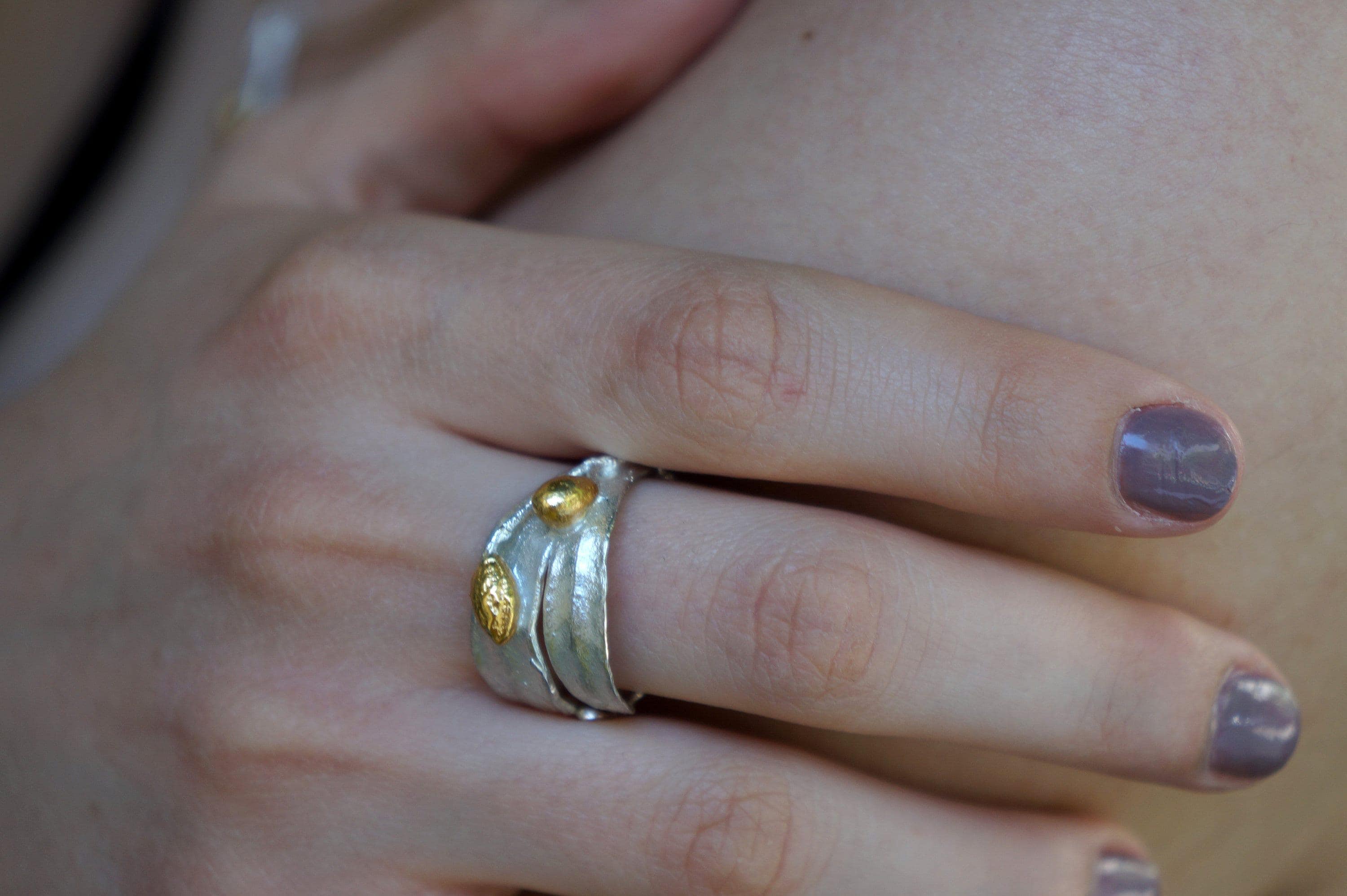 Silver Olive Leaf Ring, Sterling Silver Jewelry with Gold-Plated details, Gift for Her, Birthday Gift for Women, Handmade Jewelry
