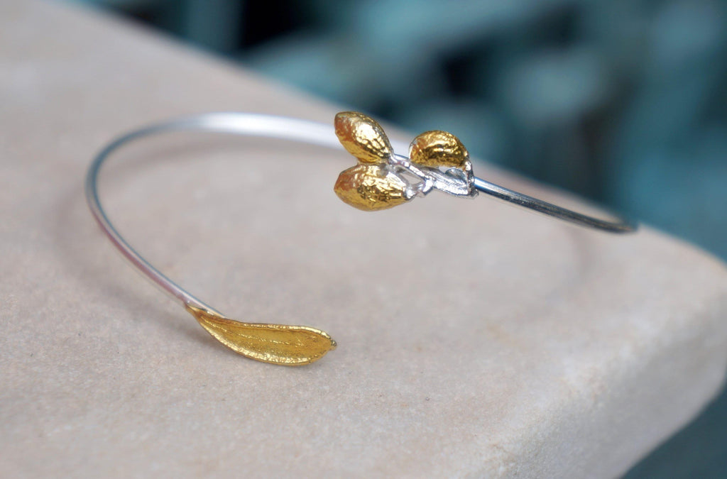 Eco-Friendly Olive Leaf Bracelet - Recycled Silver with Gold Accent