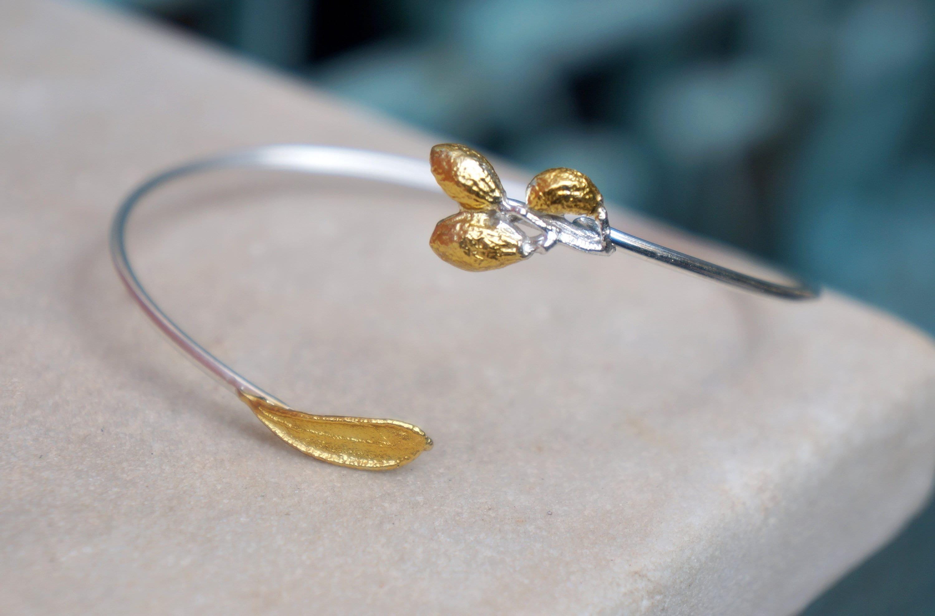 Eco-Friendly Olive Leaf Bracelet - Recycled Silver with Gold Accent