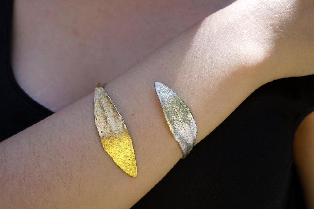 Olive Leaf Cuff Bracelet - Sterling Silver with Gold Plating