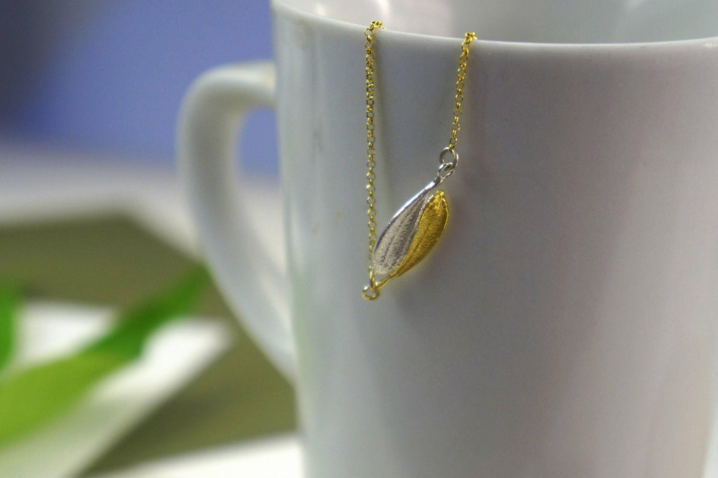 Nature-Inspired Yin Yang Necklace, Olive Leaf (Sterling Silver & Gold)