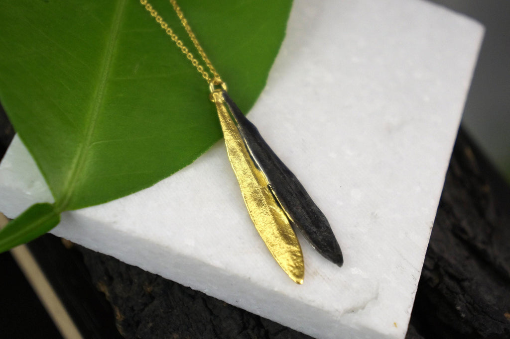 Botanical Olive Leaf Necklace, Two Tone Gold & Black Rhodium (Sterling Silver 925)