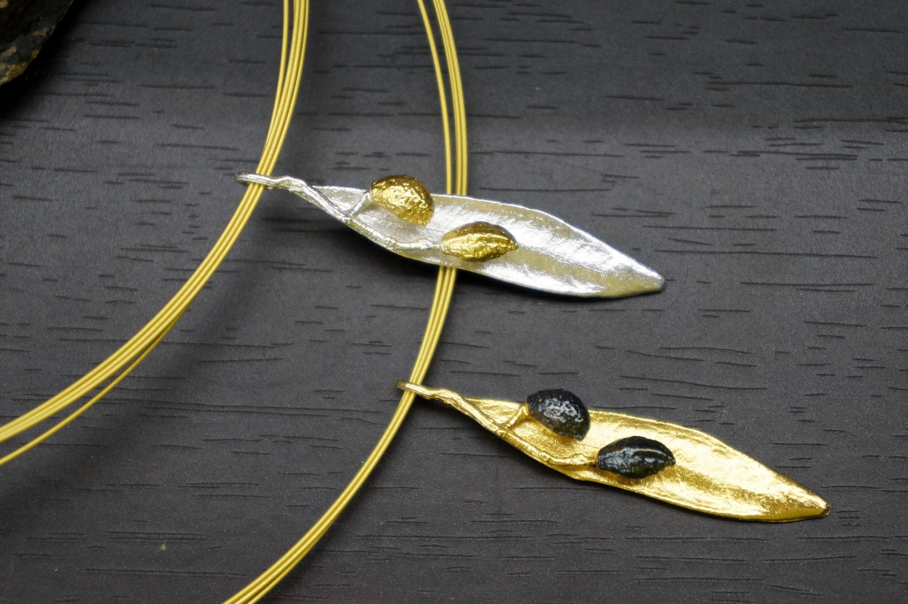 Real Olive Leaf Necklace - 14k Gold Brass with Black Rhodium