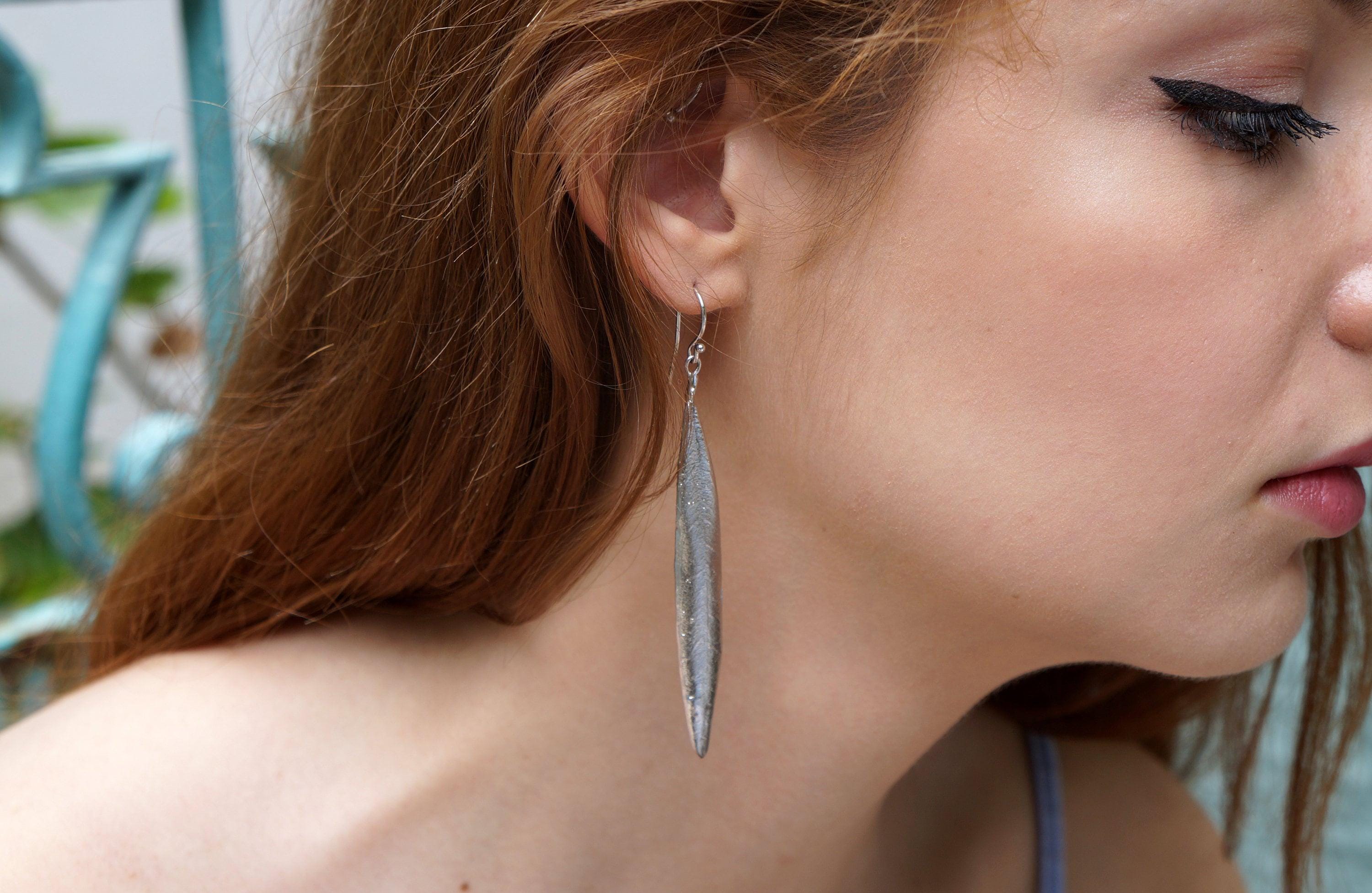 Nature-Inspired Olive Leaf Earrings, Sterling Silver (Long Dangle)