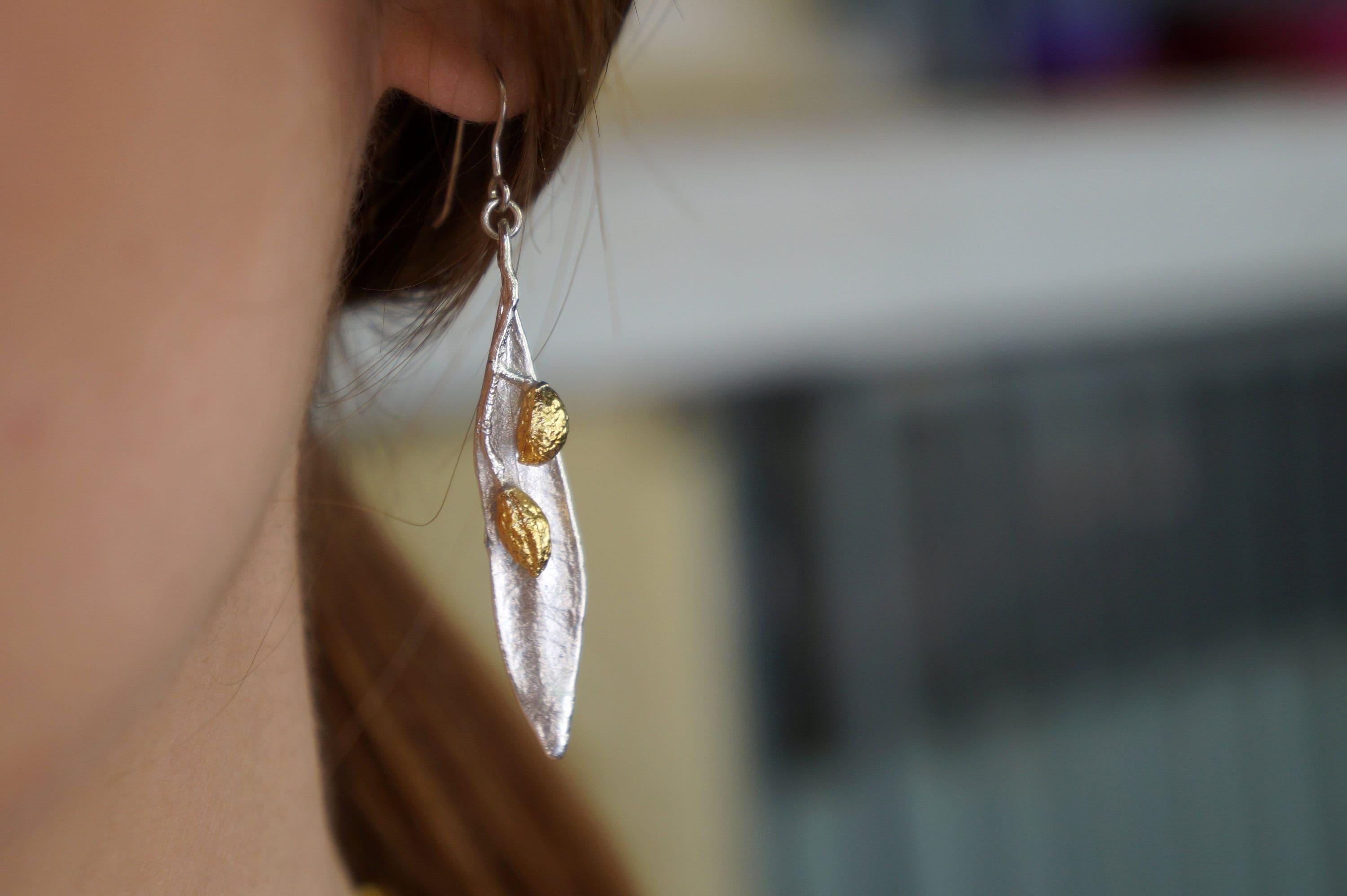 Silver Olive Leaf Earrings, Sterling Silver Jewelry with Gold Detail, Dangle Earrings, Handmade Jewelry, Gift for Her, Boho Fashion