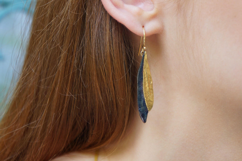 Olive Leaf Dangle Earrings, Gold-Plated Brass & Black Rhodium (Nature Inspired)