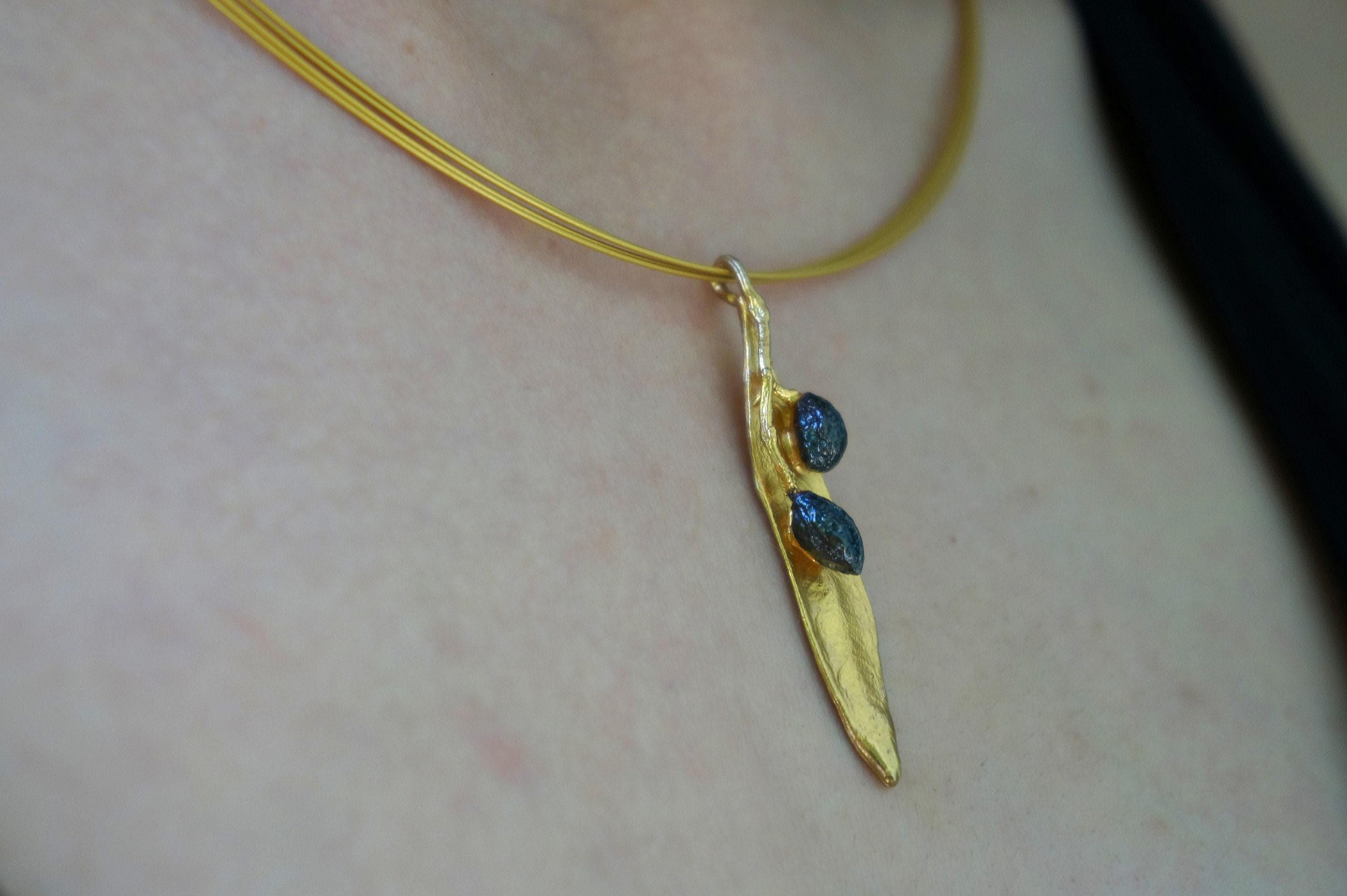 Real Olive Leaf Necklace - 14k Gold Brass with Black Rhodium