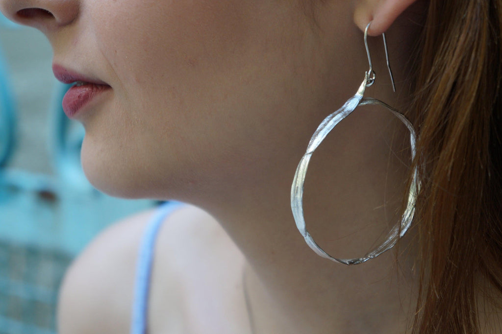Olive Leaf Hoop Earrings - Large, Gold Plated Brass, Nature Style