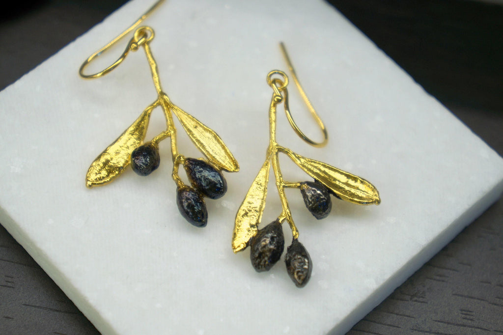 Gold-Plated Olive Leaf Earrings, Gold-Plated Brass Jewelry, Gift for Her, Birthday Gift for Women, Handmade Jewelry