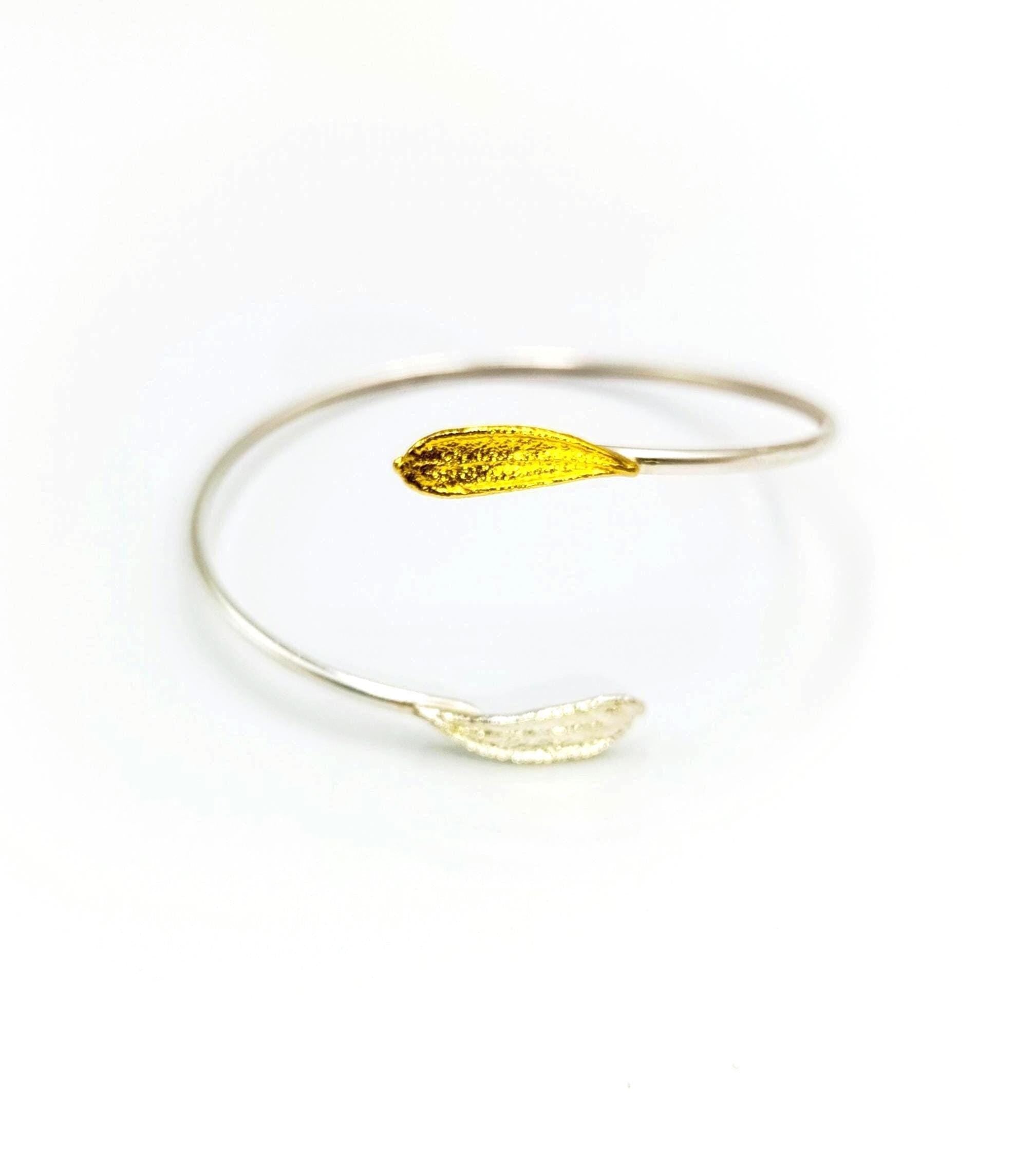 Vegan Olive Branch Bracelet, Gold-Plated Brass, Adjustable (Nature Inspired)